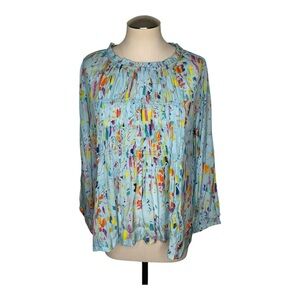 APNY Abstract Print Pleated Long Sleeve Blouse Blue Multicolor Size M